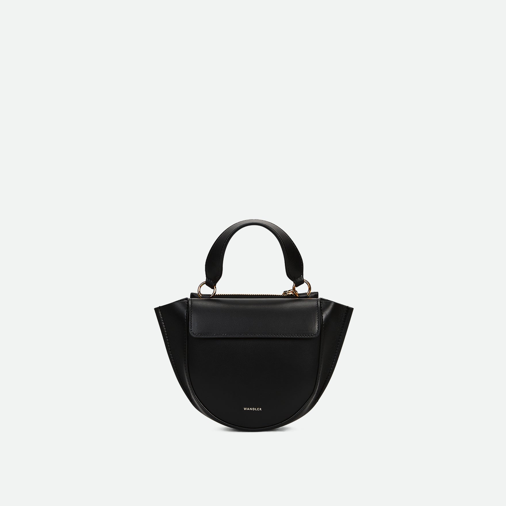 Wandler Hortensia Bag Piccola in the color Black made from Italian calf leather with golden hardware and rounded silhouette, front view.