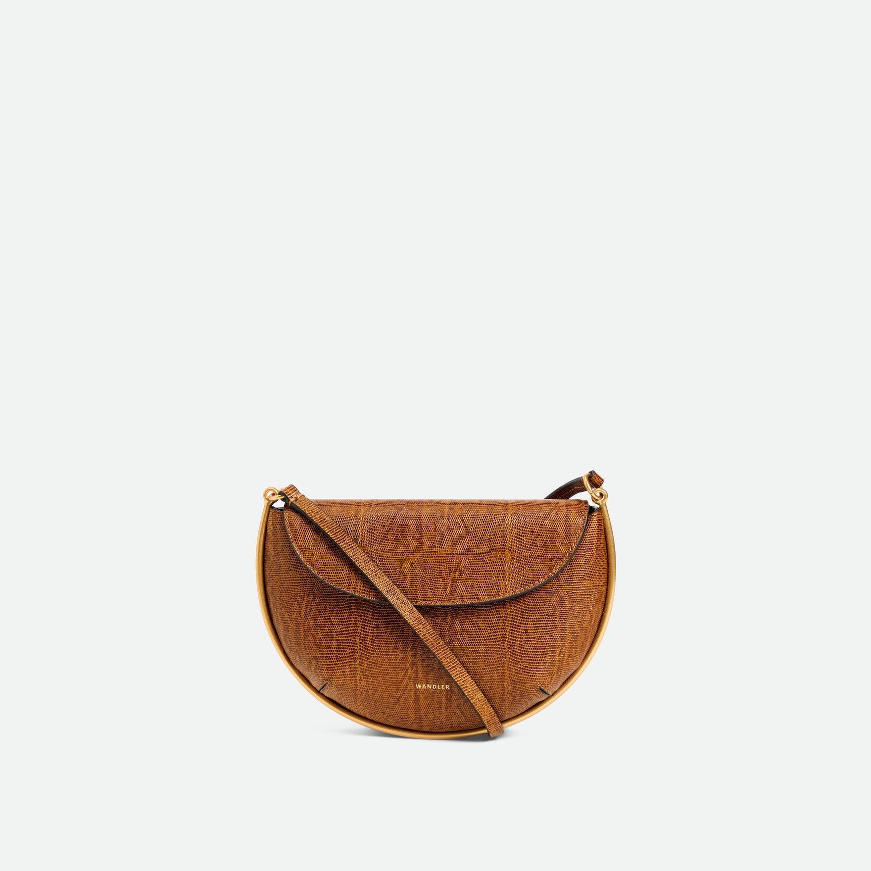 Wandler Kate Mini Crossbody in the color Tabacco Lizzard, Warm brown with lizzard motive, made from Italian calf leather with golden hardware and adjustable strap, front view.