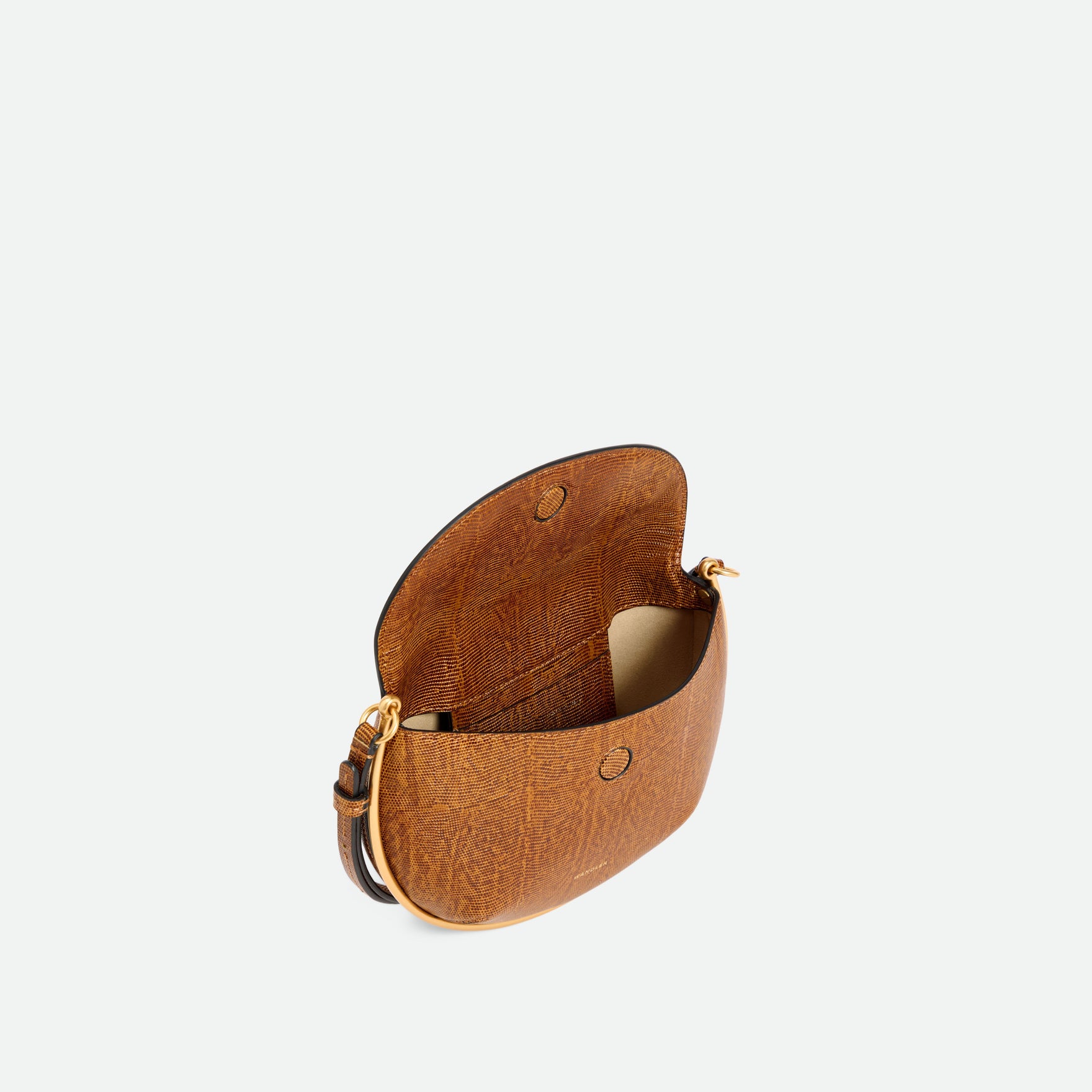 Wandler Kate Mini Crossbody in the color Tabacco Lizzard, Warm brown with lizzard motive, made from Italian calf leather with golden hardware and adjustable strap, pictured from above with the flap open, giving an glimpse of the inside of the bag. 