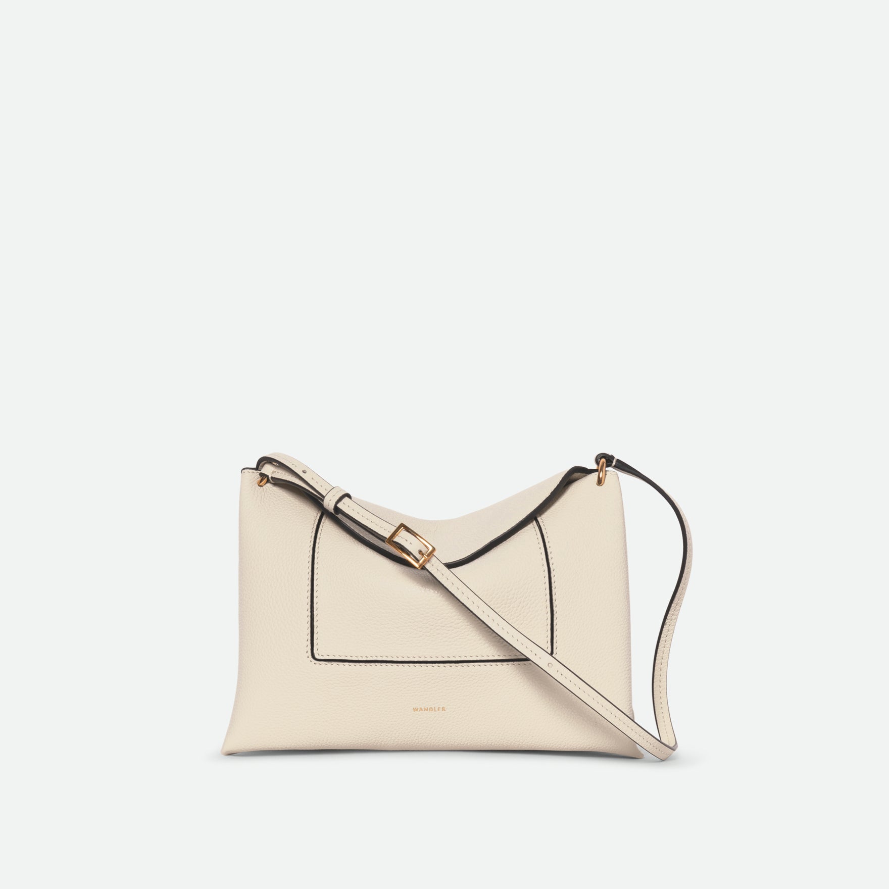 Wandler Penelope Slouch Bag in the colour Beige Crust, beige, made from smooth calf leather with golden hardware and adjustable slim strap, front view