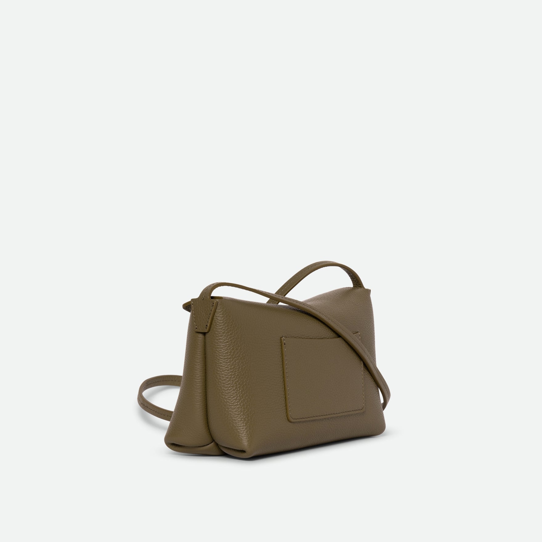 Wandler Penelope Slouch Mini in Olive Crust, green, Italian calf leather with golden hardware and slim adjustable strap, three quarters angle, backside view. 