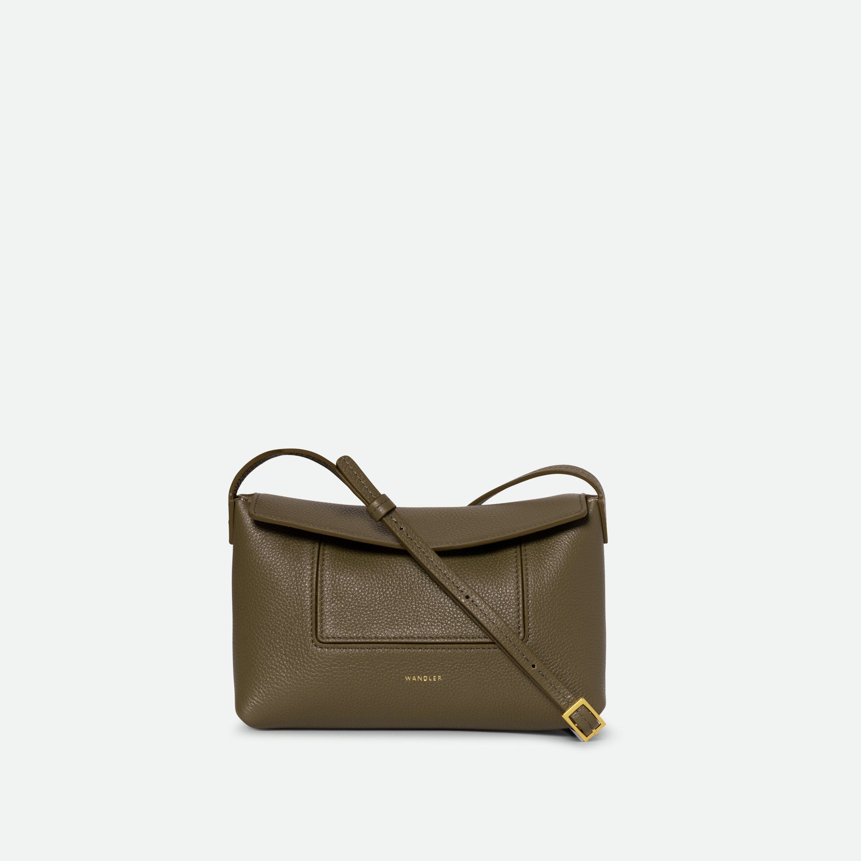Wandler Penelope Slouch Mini in Olive Crust, green, Italian calf leather with golden hardware and slim adjustable strap, front view. 
