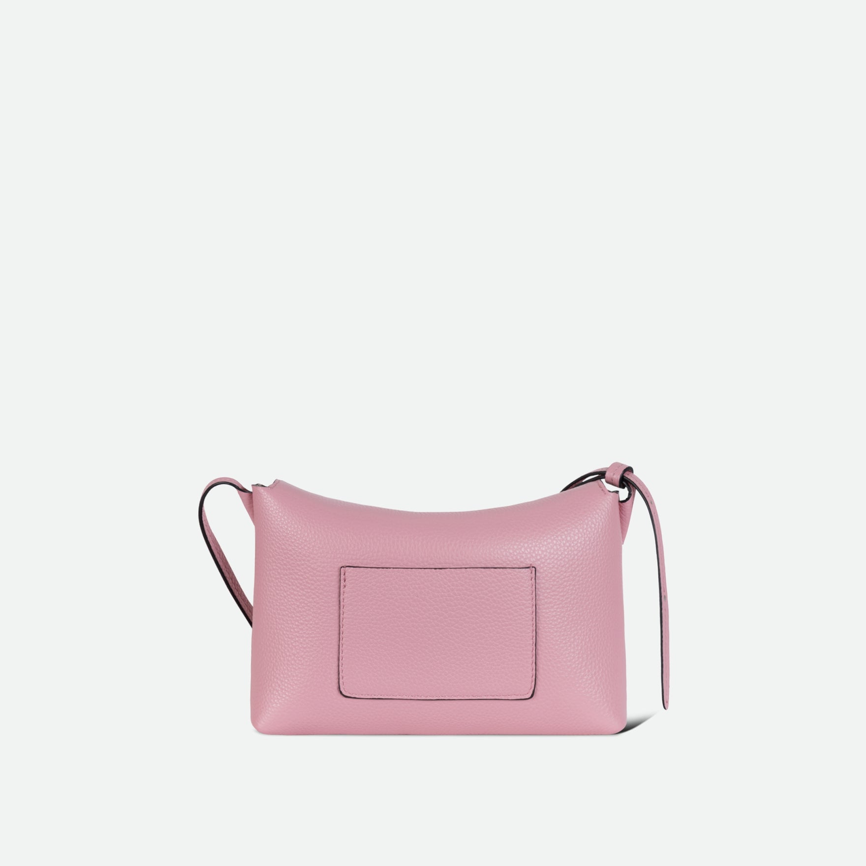 Wandler Penelope Slouch Mini in Rose Crust, pink, Italian calf leather with golden hardware and slim adjustable strap, backside view. 