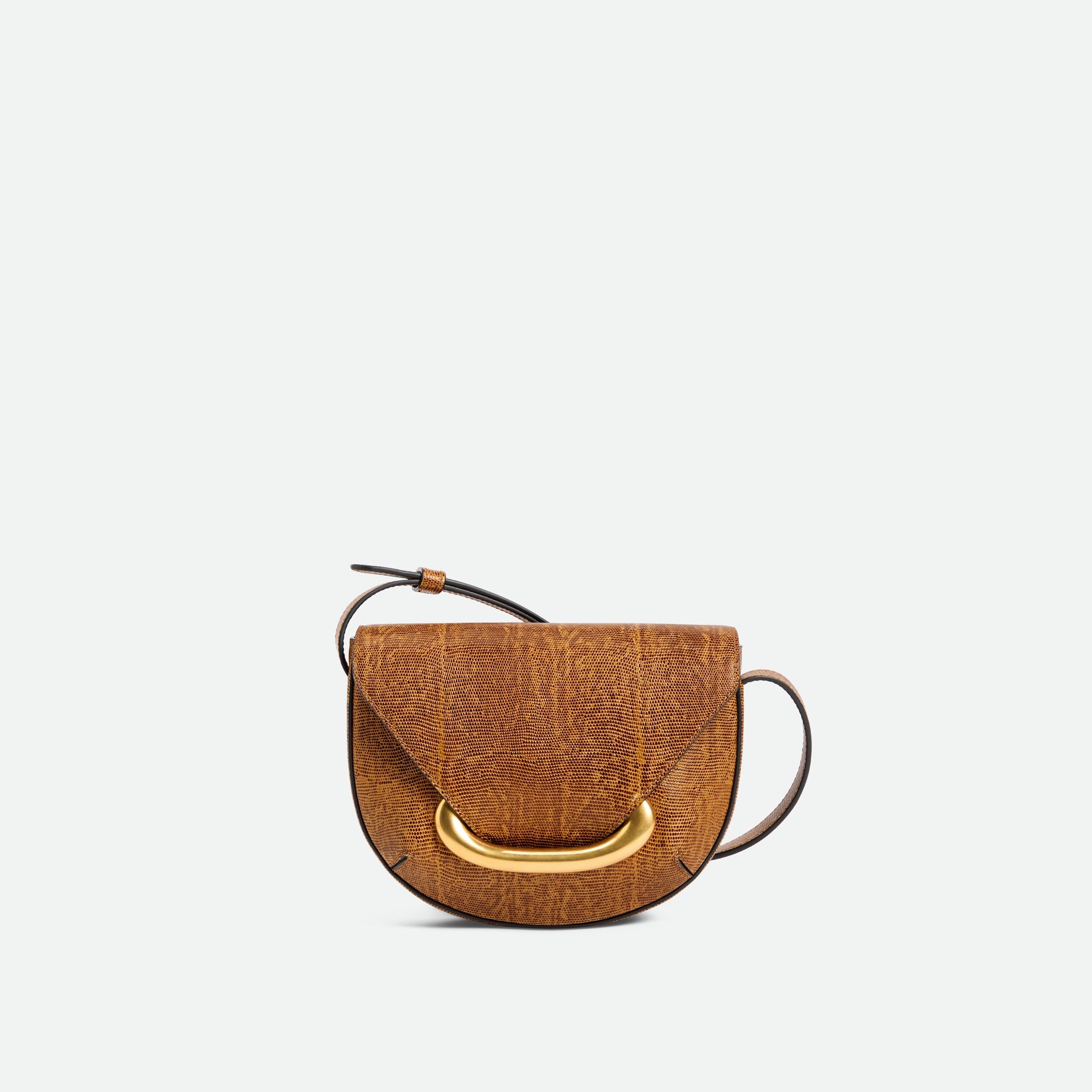 Wandler Veneto Crossbody Small in Tabacco Lizzard, warm brown with lizzard pattern, made from Italian calf leather with golden clasp hardware and structured silhouette, front view. 