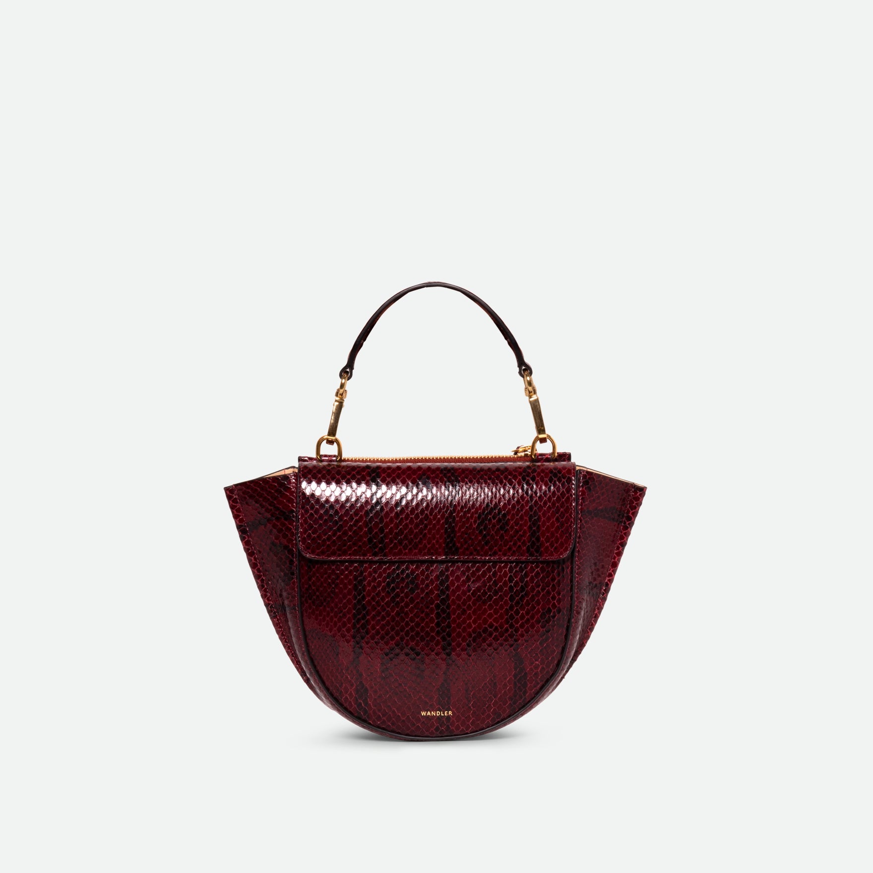 Wandler Hortensia Bag Mini in the color Bordeaux Python, deep dark red with python print, Italian calf leather with golden hardware, rounded silhouette and top handle, front view.