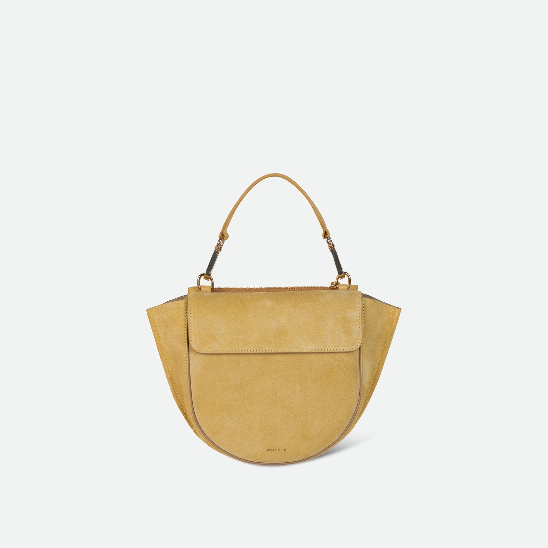 Wandler Hortensia Bag Mini in the color Sandy Suede, muted yellow suede, Italian calf leather with golden hardware, rounded silhouette and top handle, front view.