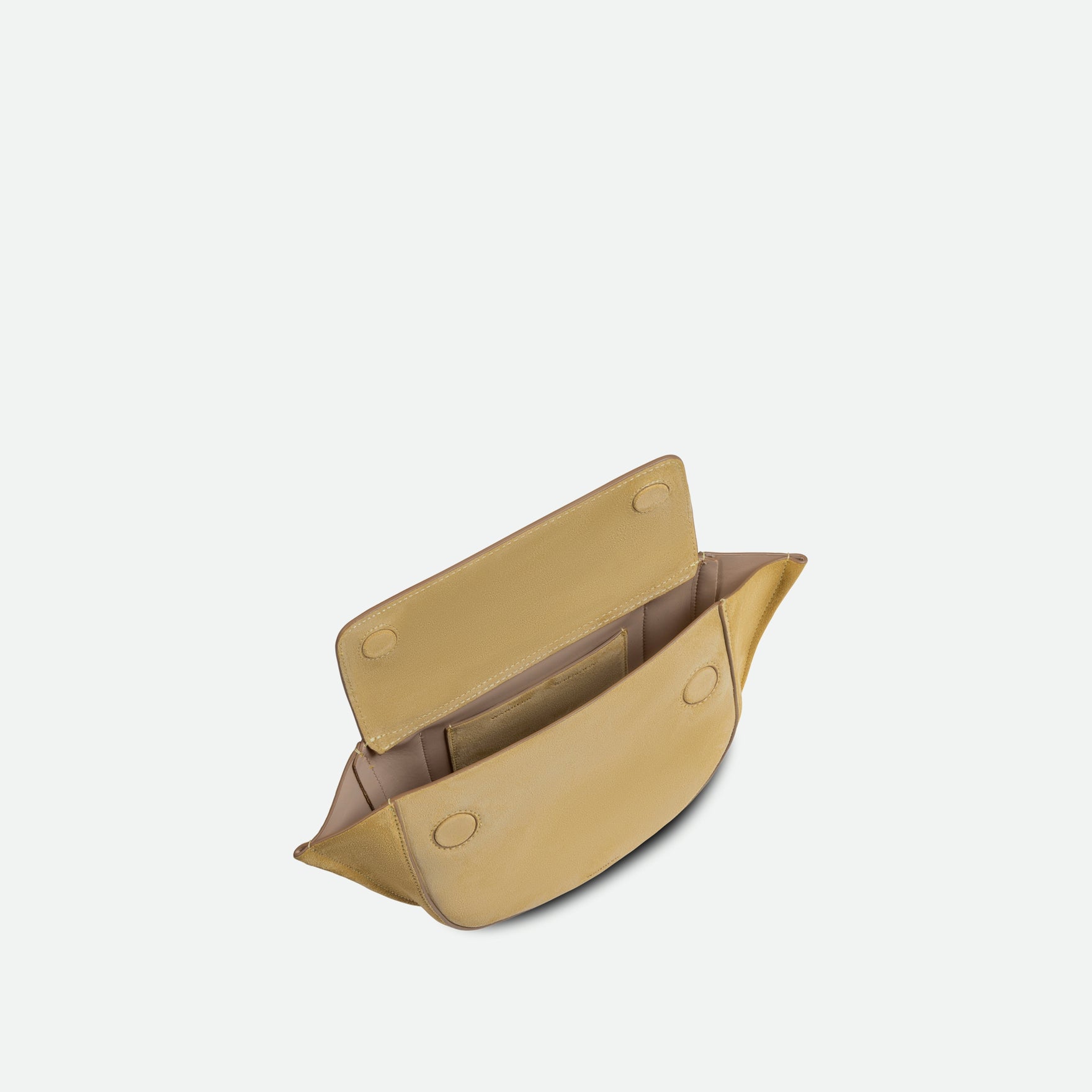 Wandler Hortensia Bag Mini in the color Sandy Suede, muted yellow suede, Italian calf leather with golden hardware, rounded silhouette and top handle, The bag is pictured from the front with the flap open, giving a slight view of the inside of the bag.