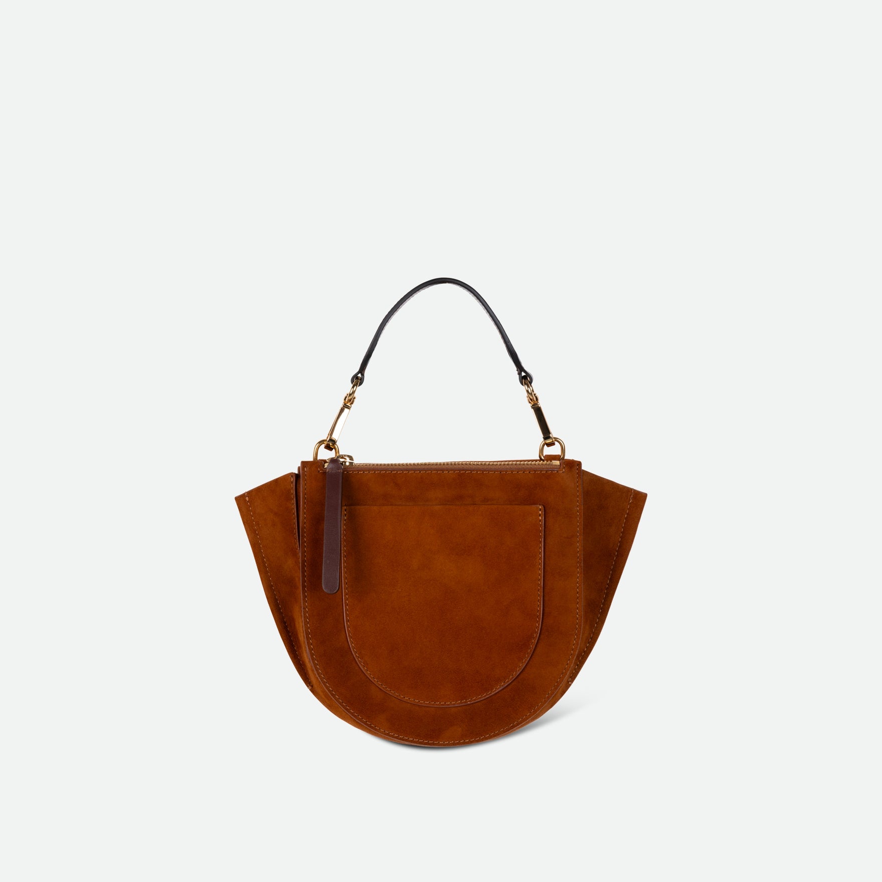 Wandler Hortensia Bag Mini in the color Tan Suede, warm brown suede, Italian calf leather with golden hardware, rounded silhouette and top handle, backside view.