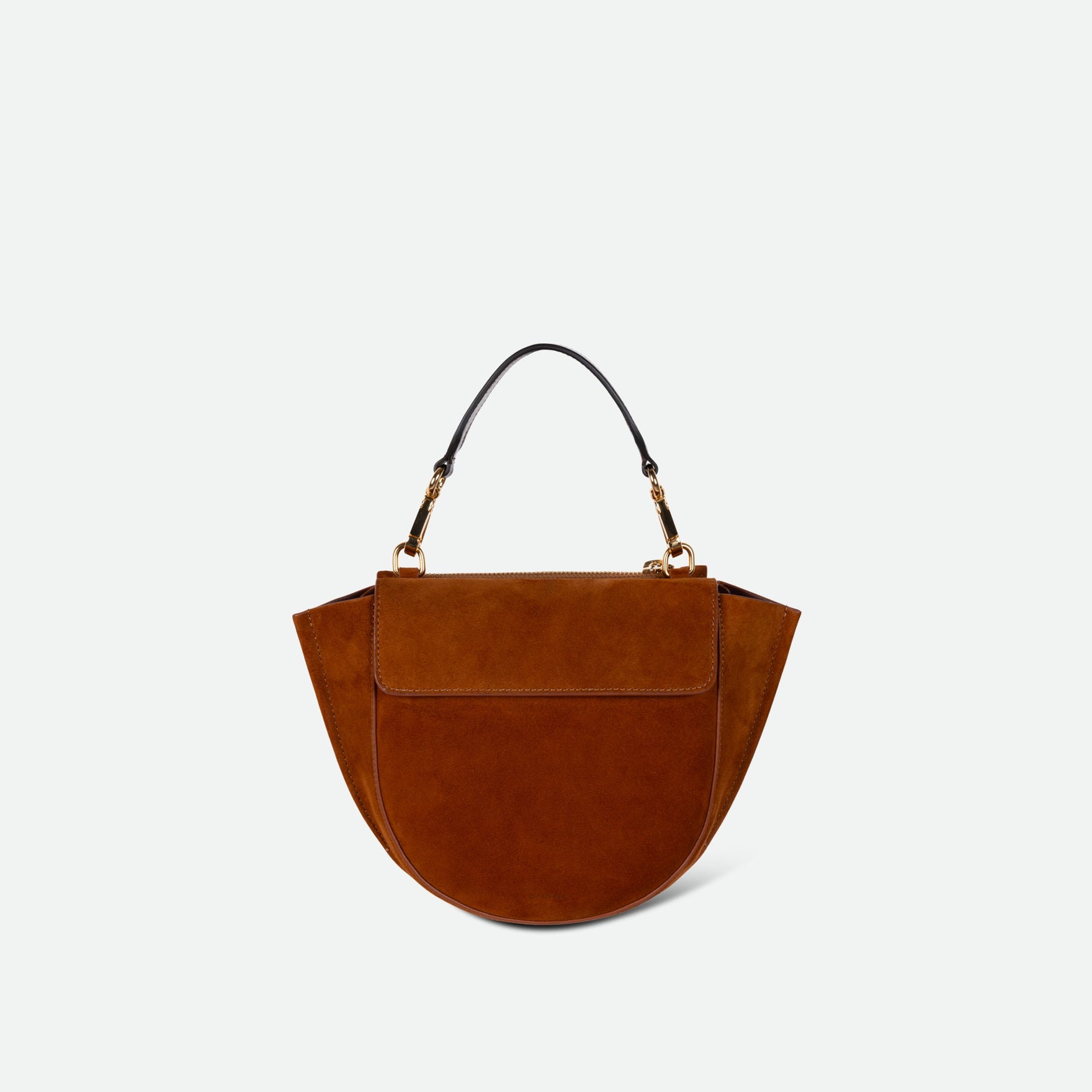 Wandler Hortensia Bag Mini in the color Tan Suede, warm brown suede, Italian calf leather with golden hardware, rounded silhouette and top handle, front view.
