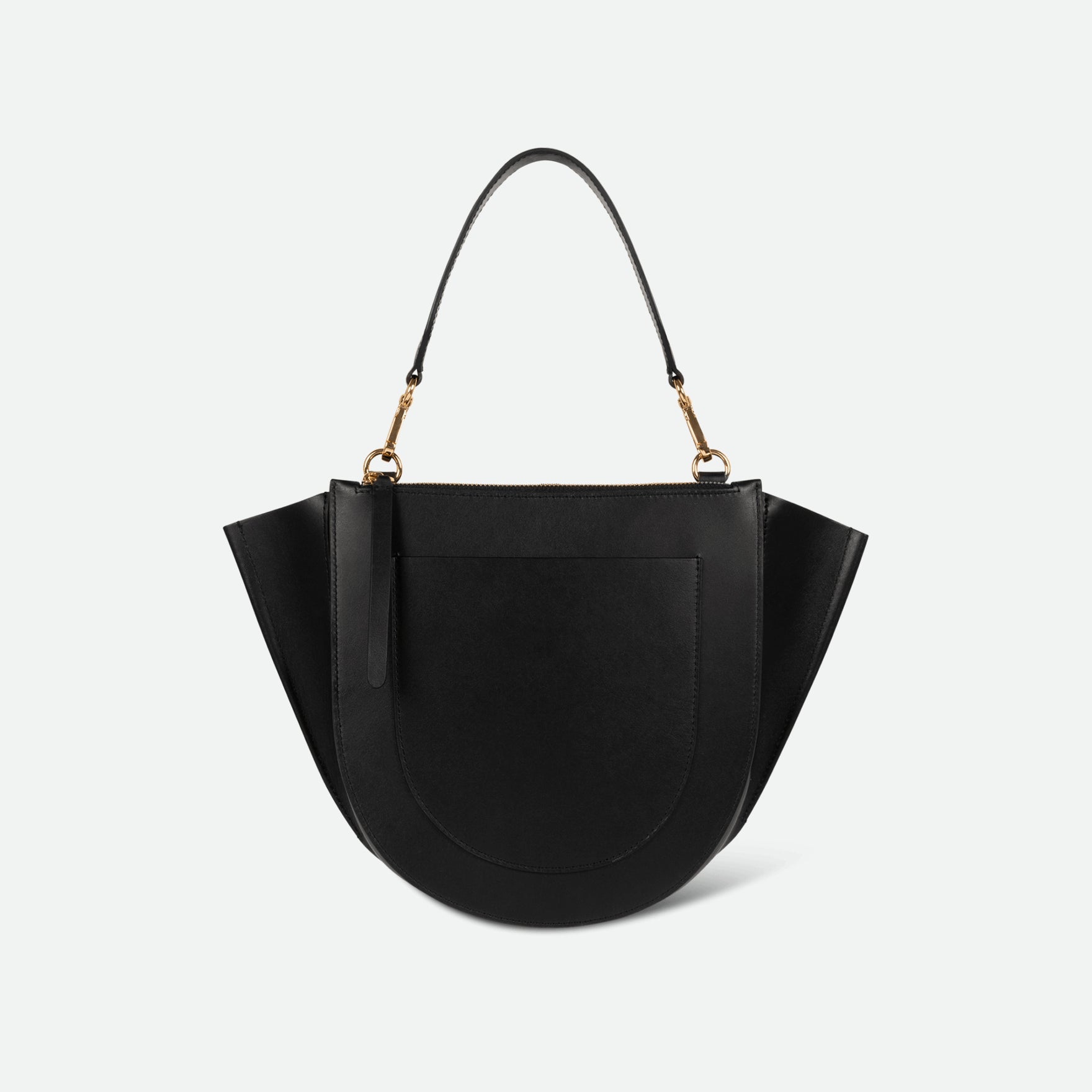 Wandler Hortensia Bag Medium in the color Black, made from Italian calf leather with golden hardware, rounded silhouette and top handle, backside view. 