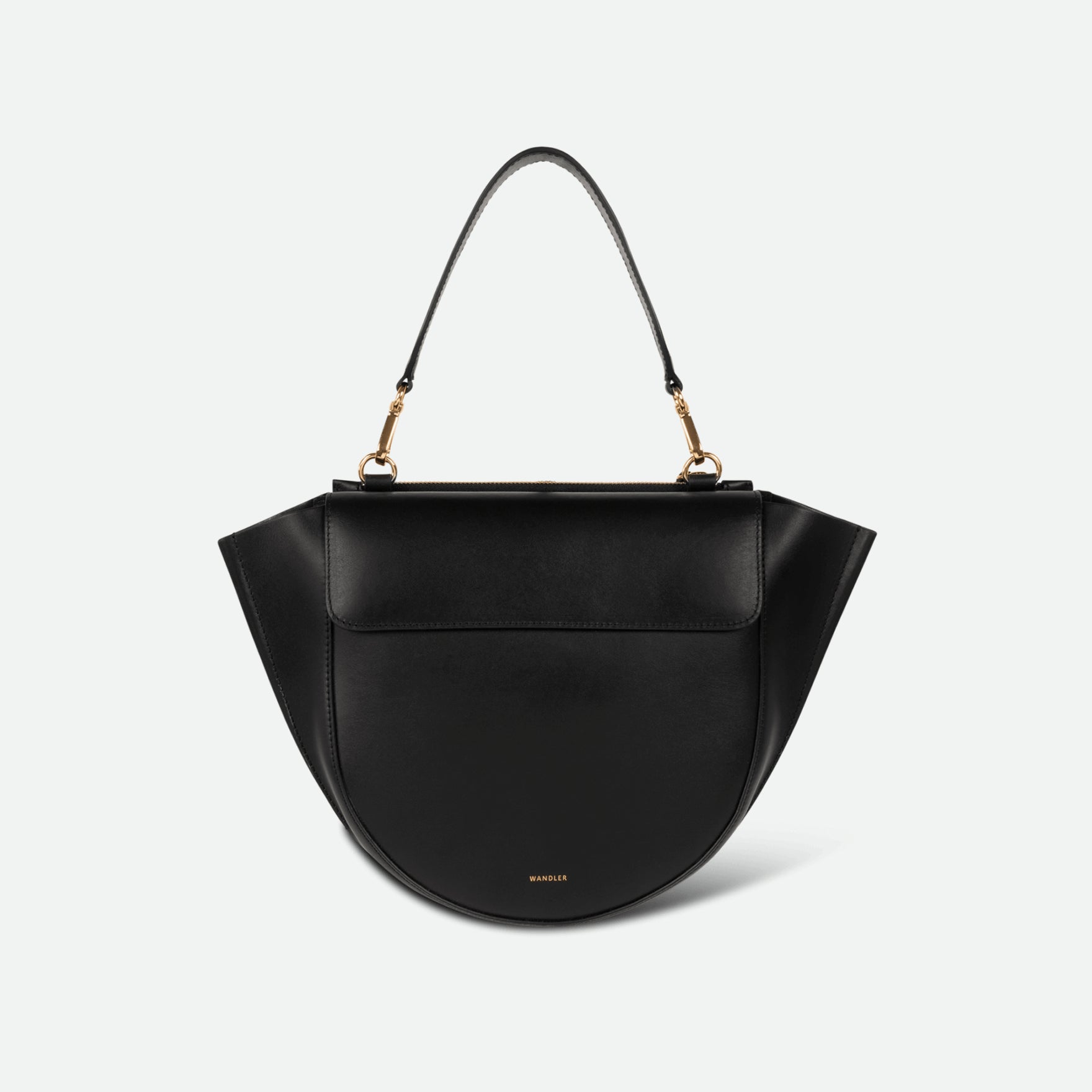Wandler Hortensia Bag Medium in the color Black, made from Italian calf leather with golden hardware, rounded silhouette and top handle, front view.
