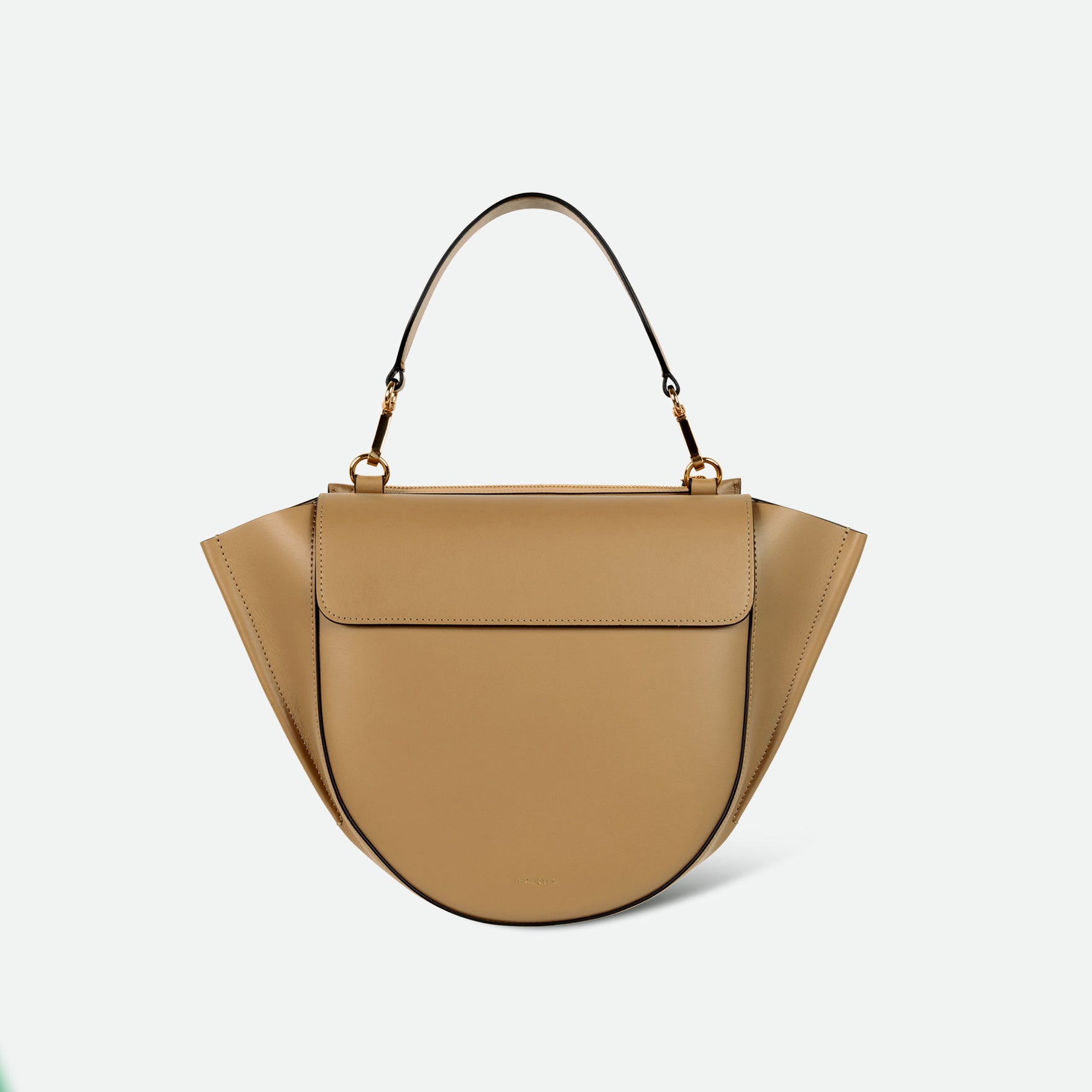 Wandler Hortensia Bag Medium in the color Gingerbread, dark beige, made from Italian calf leather with golden hardware, rounded silhouette and top handle, front view.