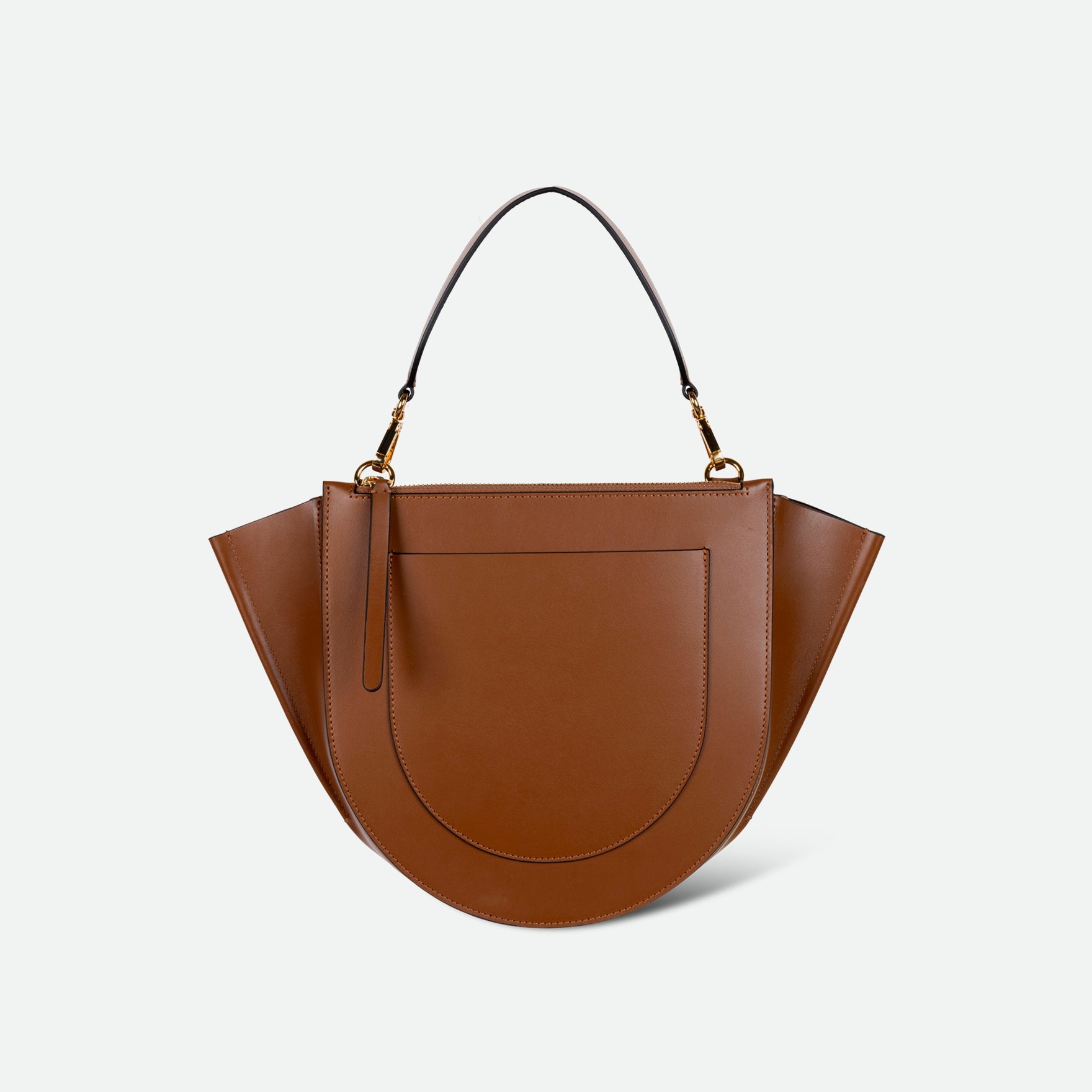 Wandler Hortensia Bag Medium in the color Saddle, warm brown, made from Italian calf leather with golden hardware, rounded silhouette and top handle, backside view.