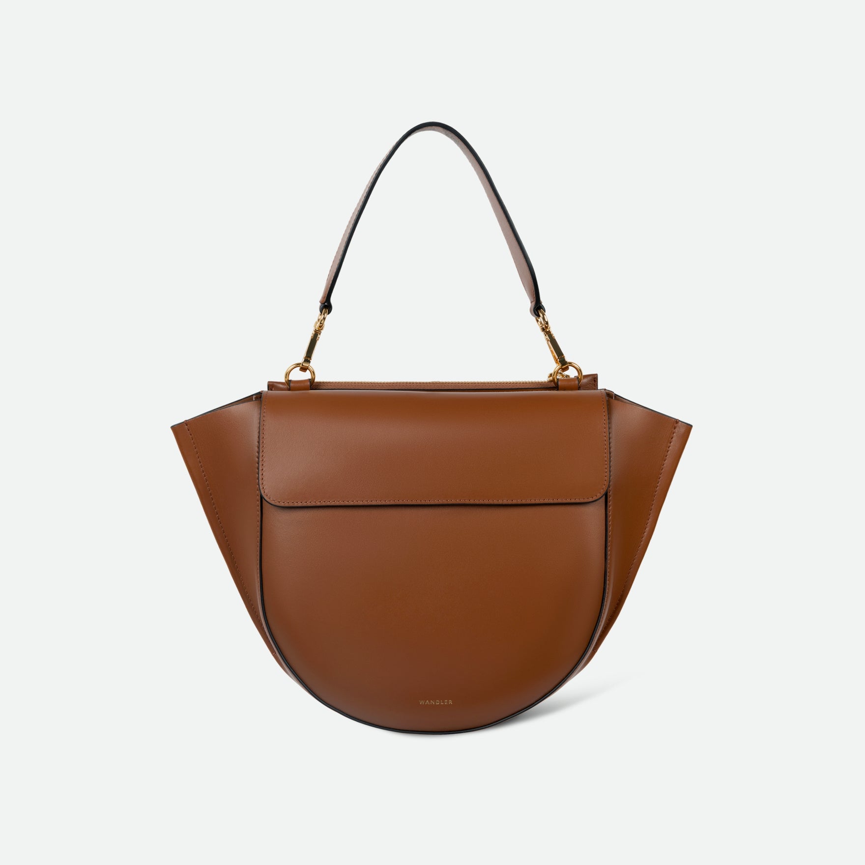 Wandler Hortensia Bag Medium in the color Saddle, warm brown, made from Italian calf leather with golden hardware, rounded silhouette and top handle, front view. 