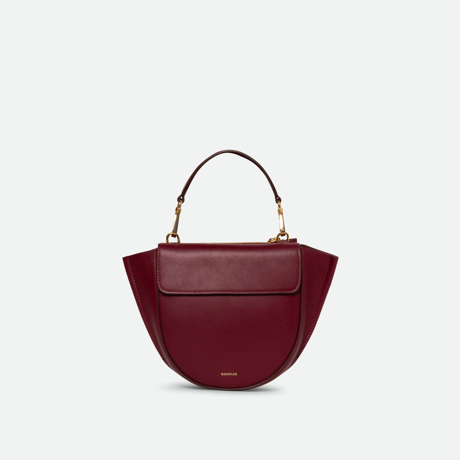 Wandler Hortensia Bag Mini in the color Acai, made from Italian calf leather with golden hardware, rounded silhouette and top handle, front view.