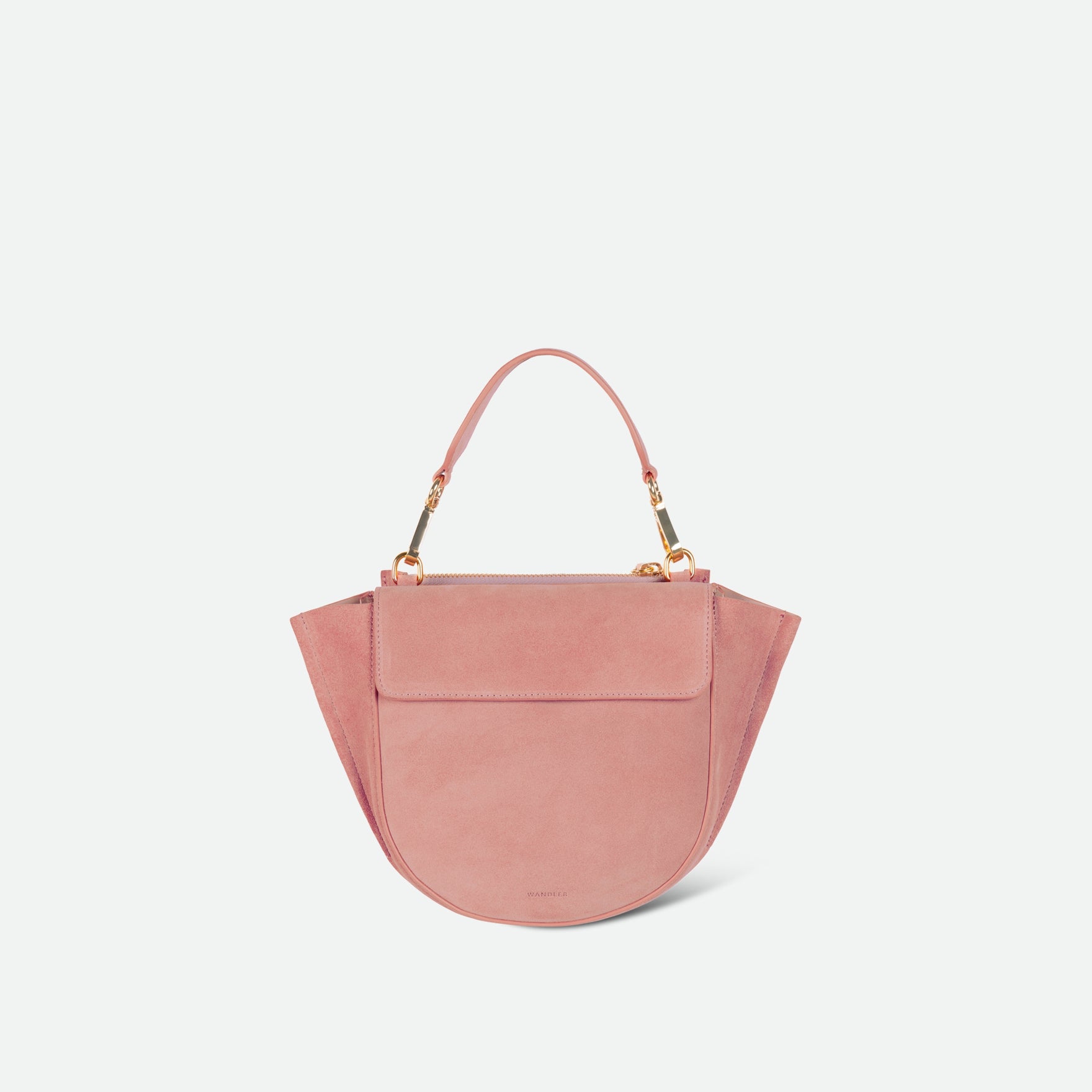 Wandler Hortensia Bag Mini in the color Apricot Suede, light pink suede, Italian calf leather with golden hardware, rounded silhouette and top handle, front view.
