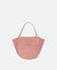 Wandler Hortensia Bag Mini in the color Apricot Suede, light pink suede, Italian calf leather with golden hardware, rounded silhouette and top handle, front view.

