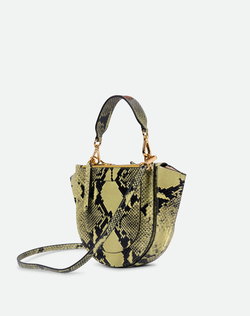 Wandler Hortensia Bag Mini in the color Lime Python, green python print, Italian calf leather with golden hardware, rounded silhouette and top handle, three quarters backside view.
