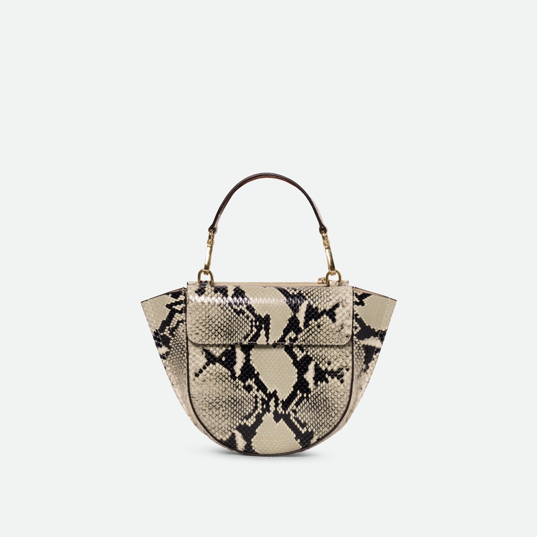 Wandler Hortensia Bag Mini in the color Black / White Python, Italian calf leather with golden hardware, rounded silhouette and top handle, front view.
