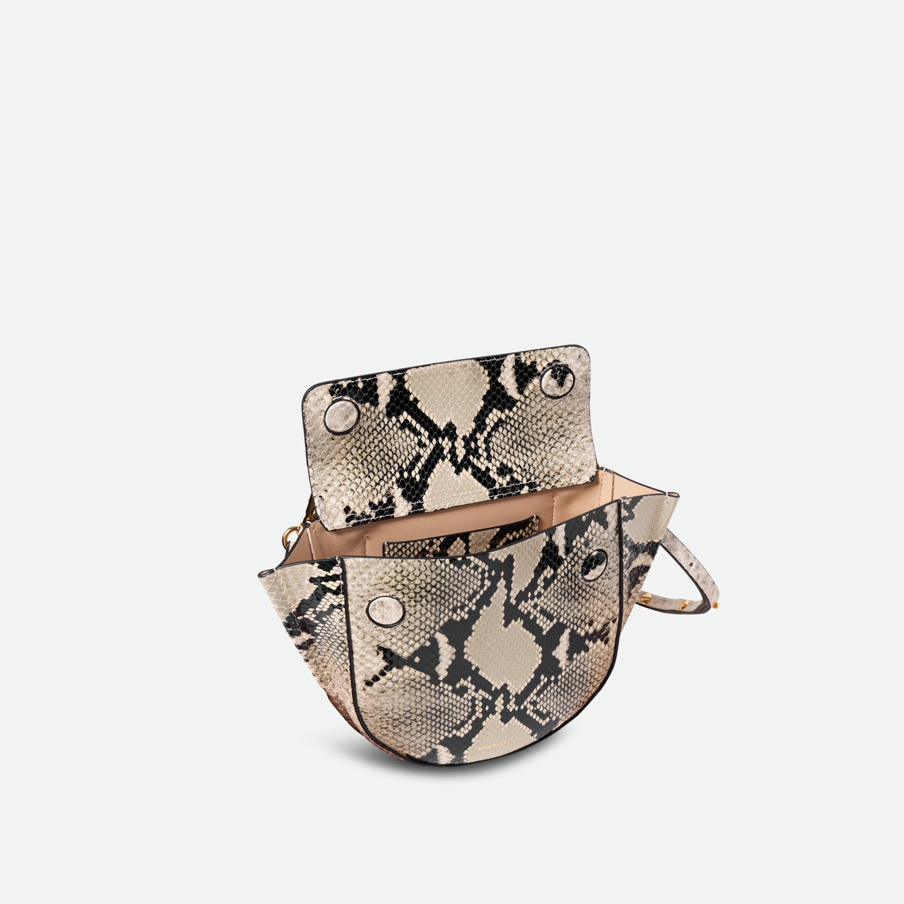 Wandler Hortensia Bag Mini in the color Black / White Python, Italian calf leather with golden hardware, rounded silhouette and top handle. The bag is pictured from the front with the flap open, giving a slight view of the inside of the bag.