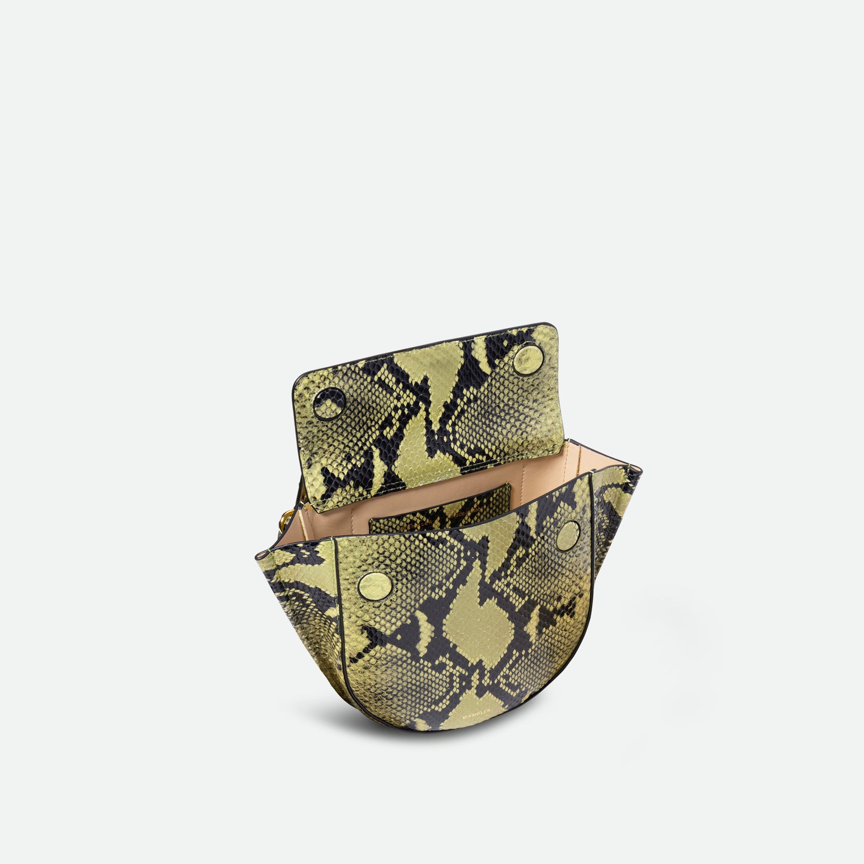 Wandler Hortensia Bag Mini in the color Lime Python, green python print, Italian calf leather with golden hardware, rounded silhouette and top handle. The bag is pictured from the front with the flap open, giving a slight view of the inside of the bag.