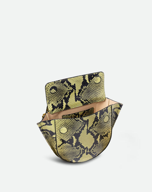 Wandler Hortensia Bag Mini in the color Lime Python, green python print, Italian calf leather with golden hardware, rounded silhouette and top handle. The bag is pictured from the front with the flap open, giving a slight view of the inside of the bag.