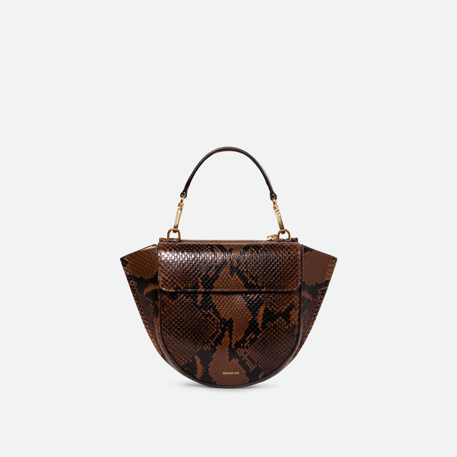 Wandler Hortensia Bag Mini in the color Brown Python, Italian calf leather with golden hardware, rounded silhouette and top handle, front view.