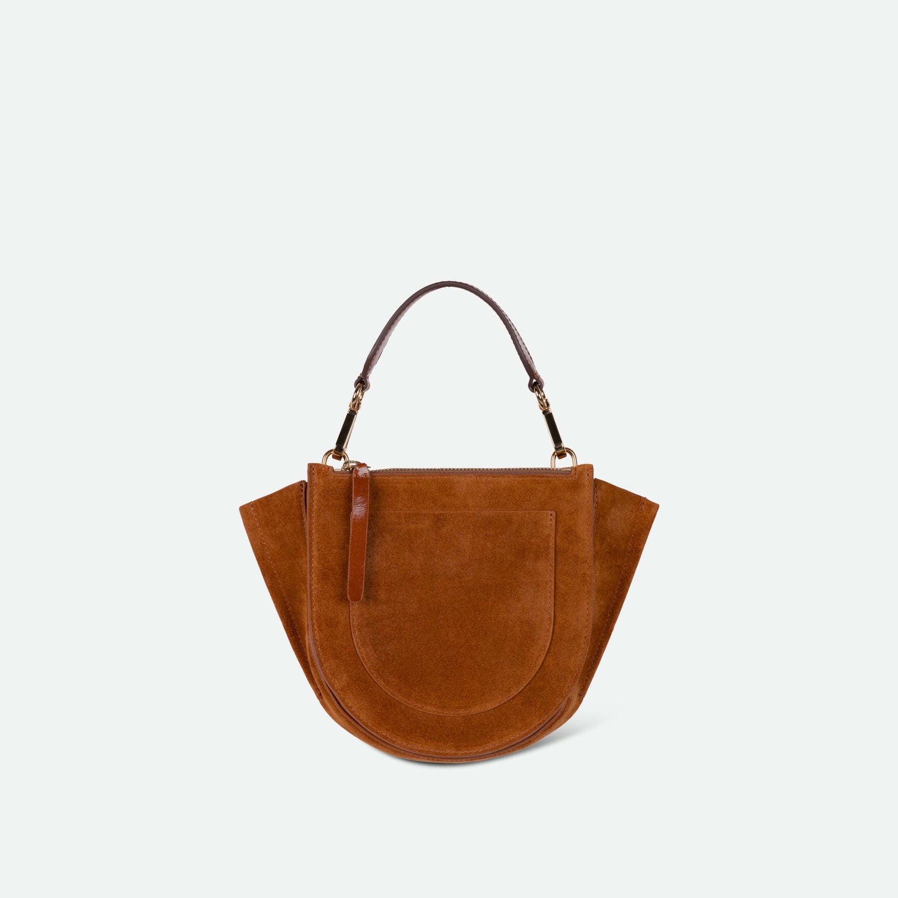 Wandler Hortensia Bag Mini in the color Cognac Suede, soft warm brown suede, Italian calf leather with golden hardware, rounded silhouette and top handle, backside view. 