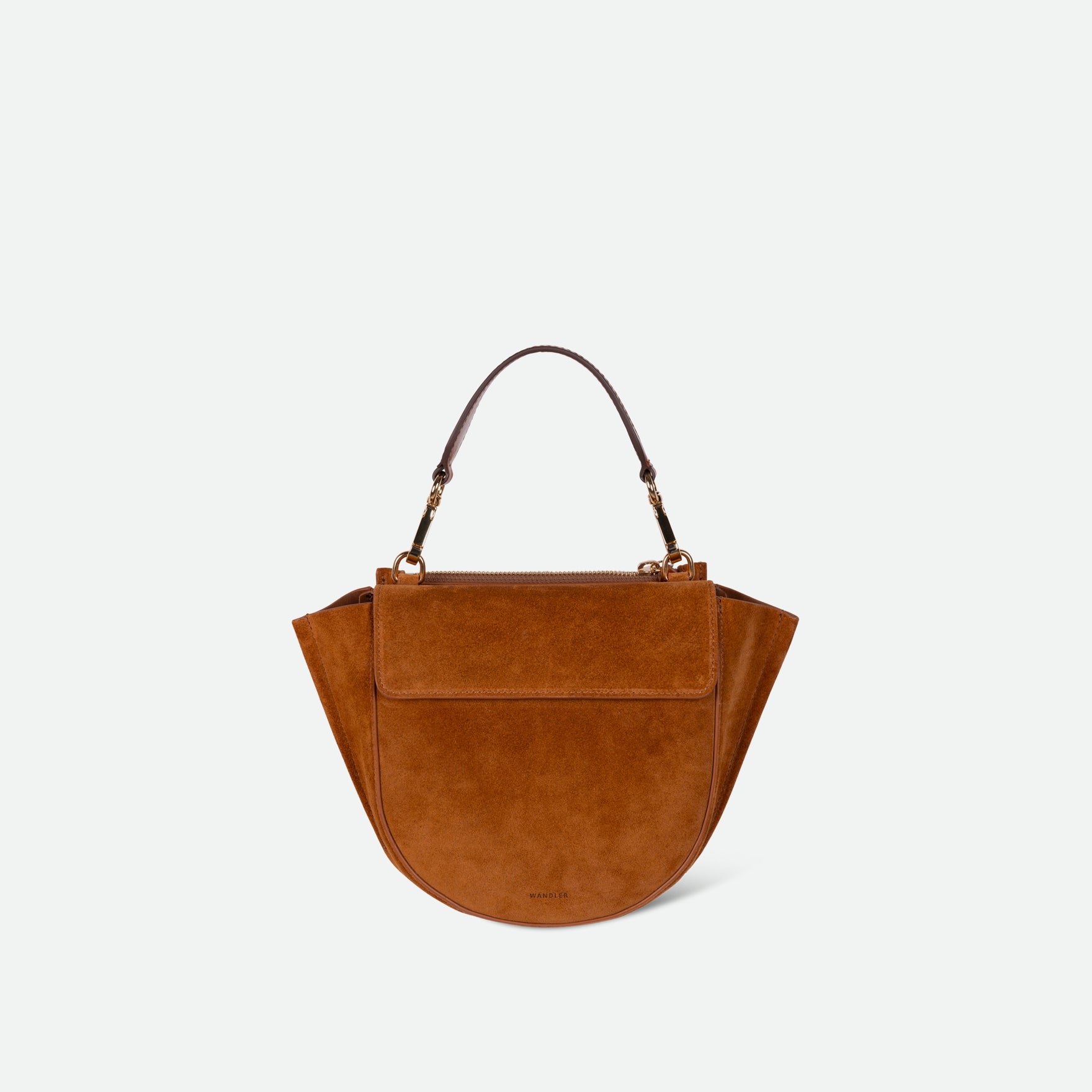 Wandler Hortensia Bag Mini in the color Cognac Suede, soft warm brown suede, Italian calf leather with golden hardware, rounded silhouette and top handle, front view.
