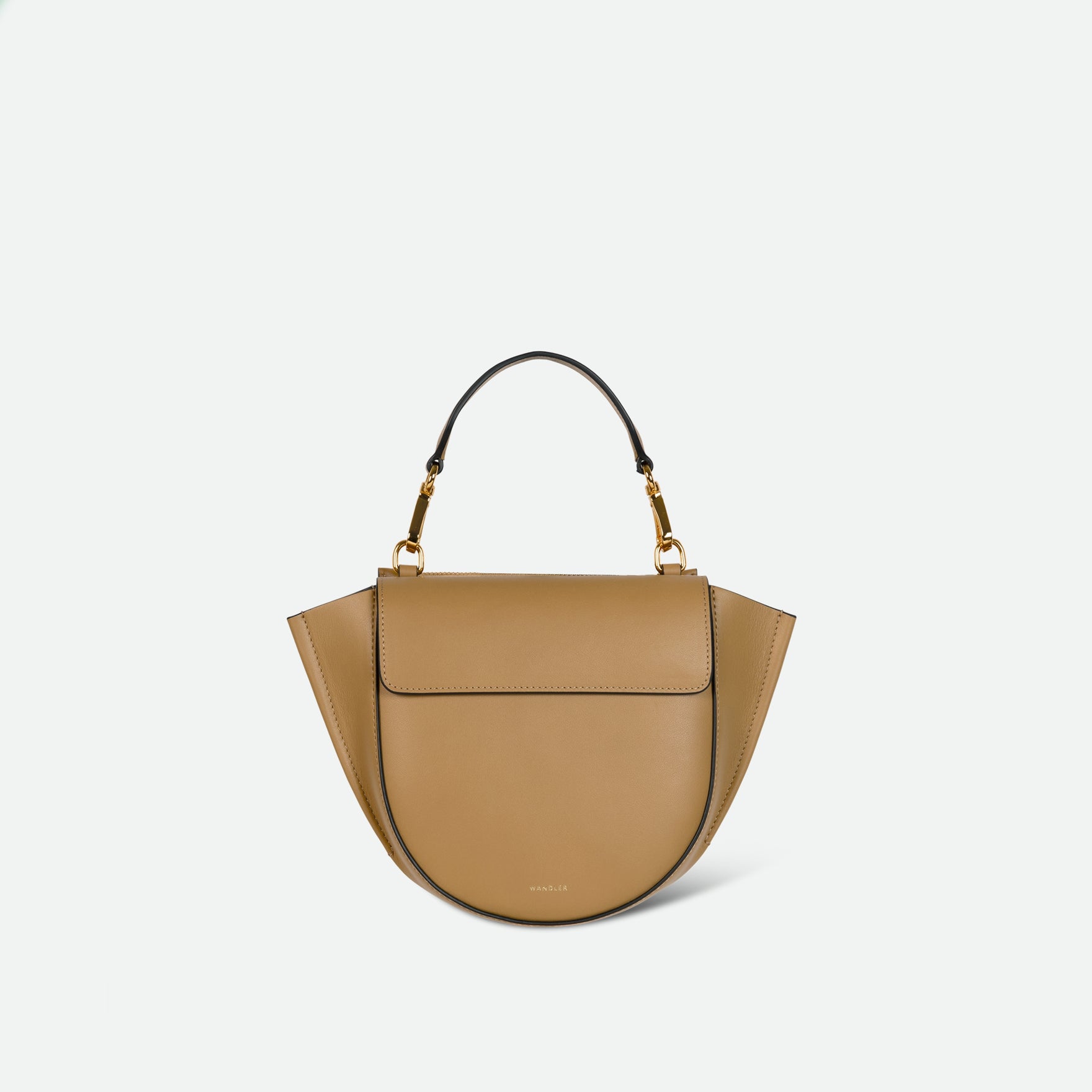 Wandler Hortensia Bag Mini in the color Gingerbread, deep dark beige, Italian calf leather with golden hardware, rounded silhouette and top handle, front view.