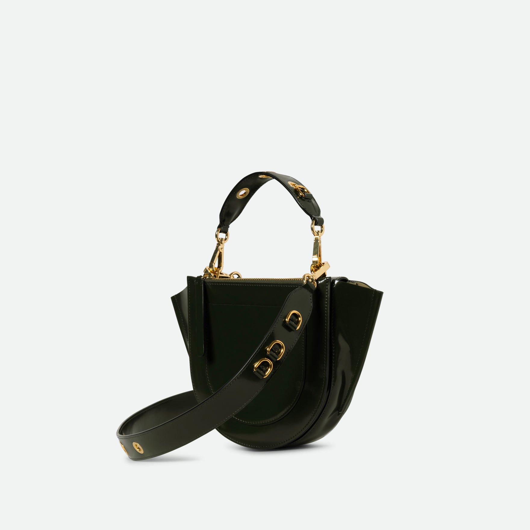 Wandler Hortensia Bag Mini Eyelets in the color Jazz Olive, made from Italian calf leather with golden hardware and rounded silhouette, backside view, three quarters angle.