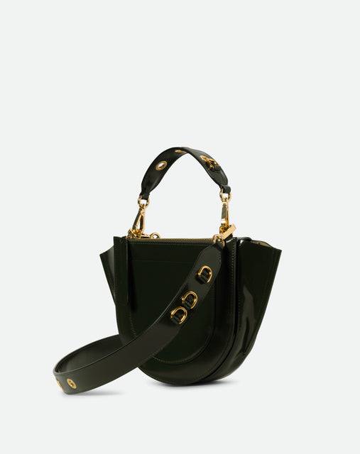Wandler Hortensia Bag Mini Eyelets in the color Jazz Olive, made from Italian calf leather with golden hardware and rounded silhouette, backside view, three quarters angle.