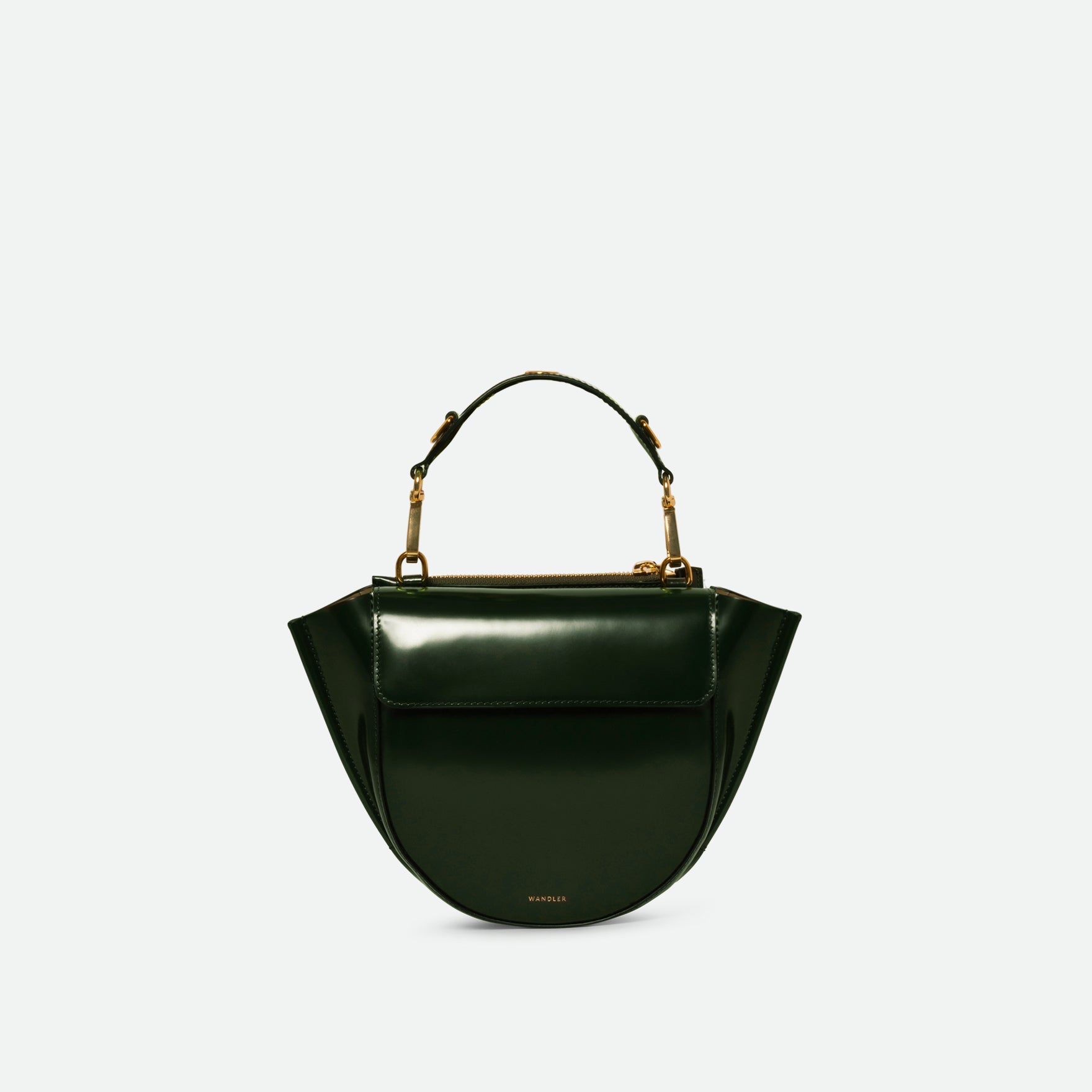 Wandler Hortensia Bag Mini Eyelets in the color Jazz Olive, made from Italian calf leather with golden hardware and rounded silhouette, front view.