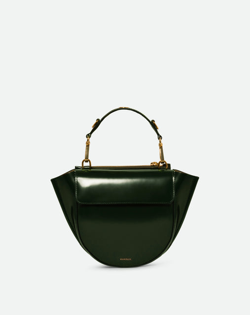 Wandler Hortensia Bag Mini Eyelets in the color Jazz Olive, made from Italian calf leather with golden hardware and rounded silhouette, front view.