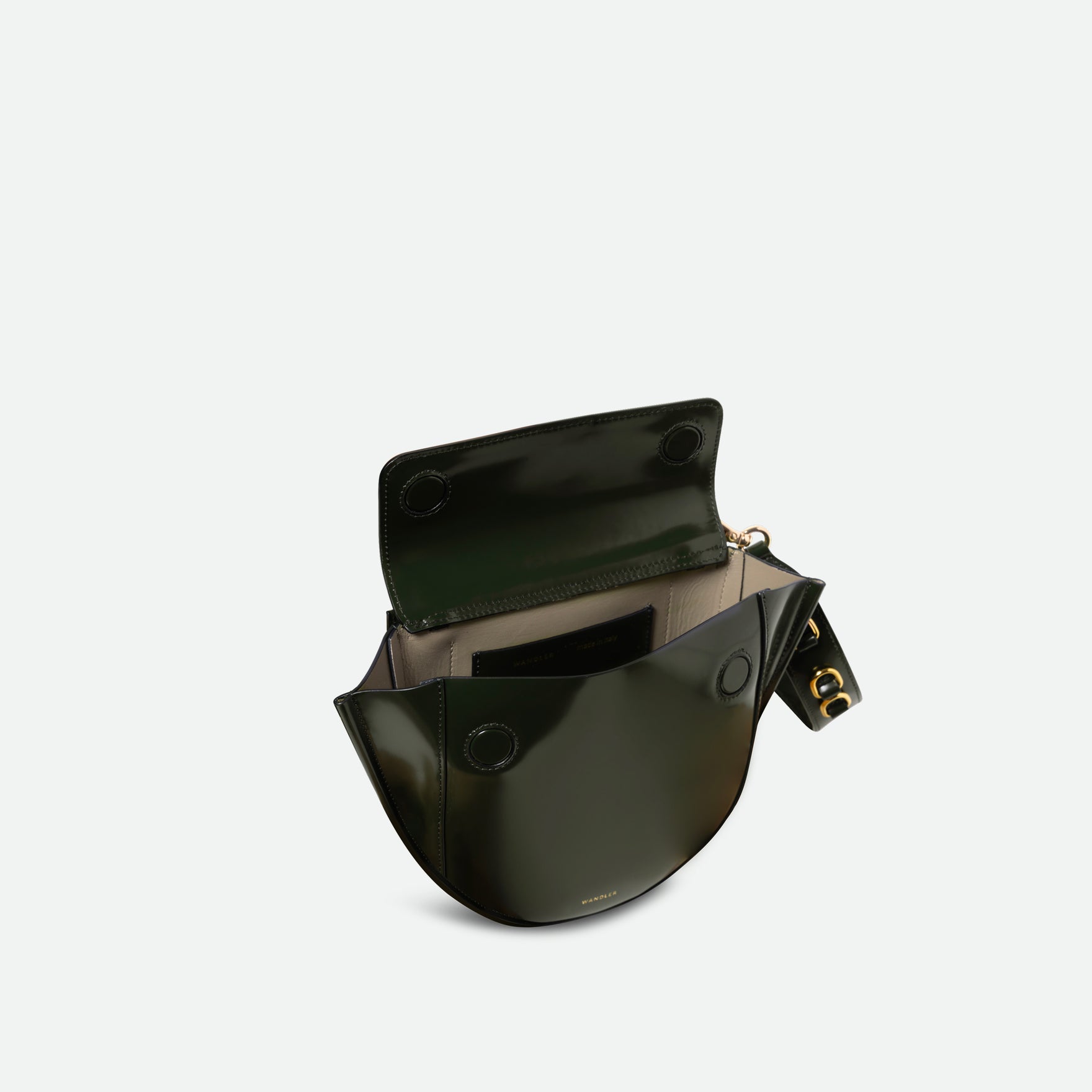 Wandler Hortensia Bag Mini Eyelets in the color Jazz Olive, made from Italian calf leather with golden hardware and rounded silhouette, pictured from above with open flap, allowing for a slight glimpse into the inside of the bag.
