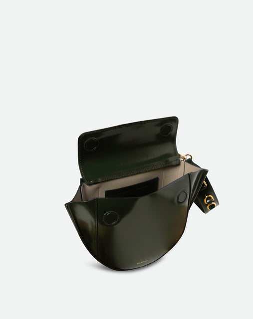 Wandler Hortensia Bag Mini Eyelets in the color Jazz Olive, made from Italian calf leather with golden hardware and rounded silhouette, pictured from above with open flap, allowing for a slight glimpse into the inside of the bag.