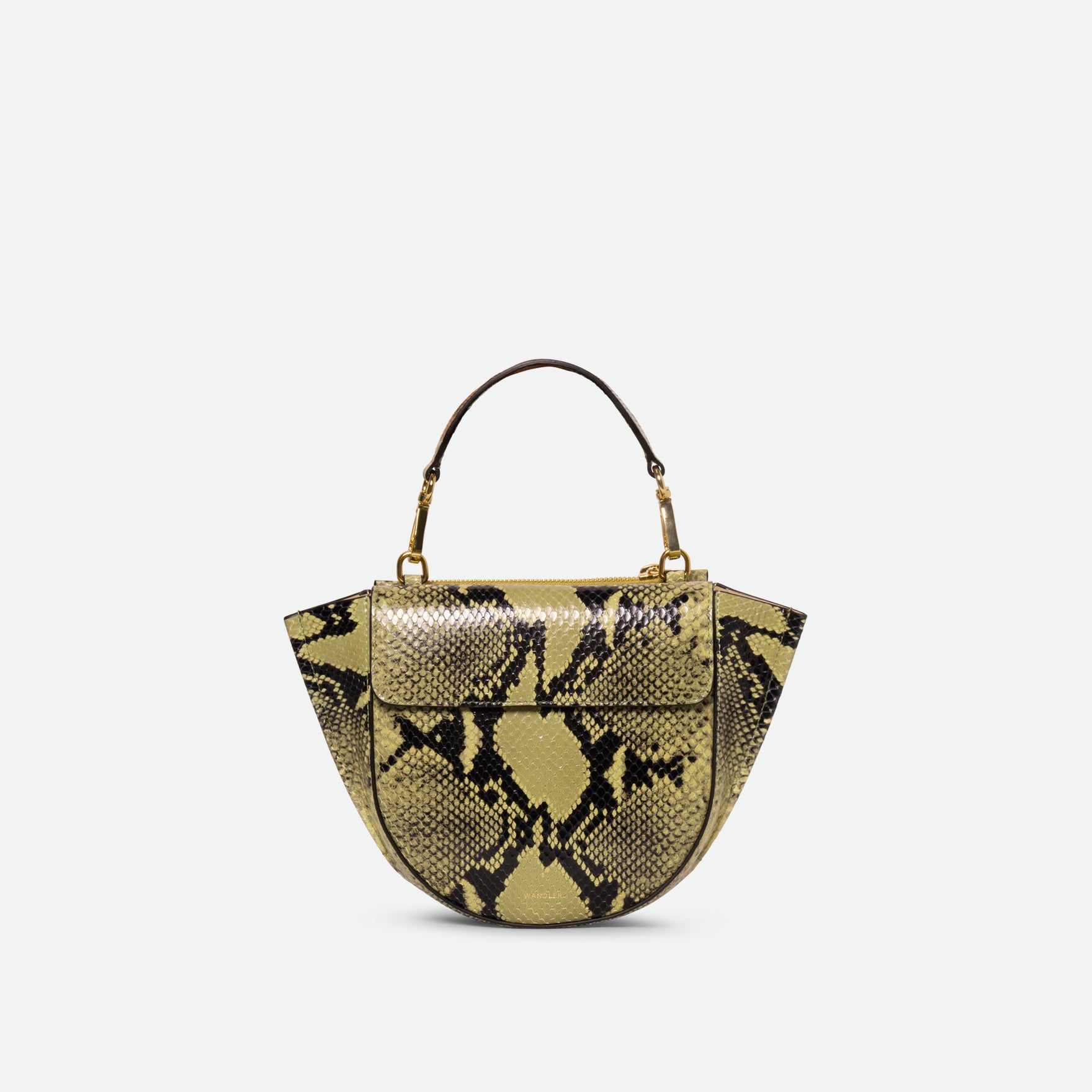 Wandler Hortensia Bag Mini in the color Lime Python, green python print, Italian calf leather with golden hardware, rounded silhouette and top handle, front view.
