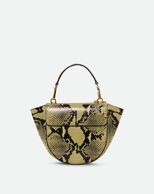Wandler Hortensia Bag Mini in the color Lime Python, green python print, Italian calf leather with golden hardware, rounded silhouette and top handle, front view.
