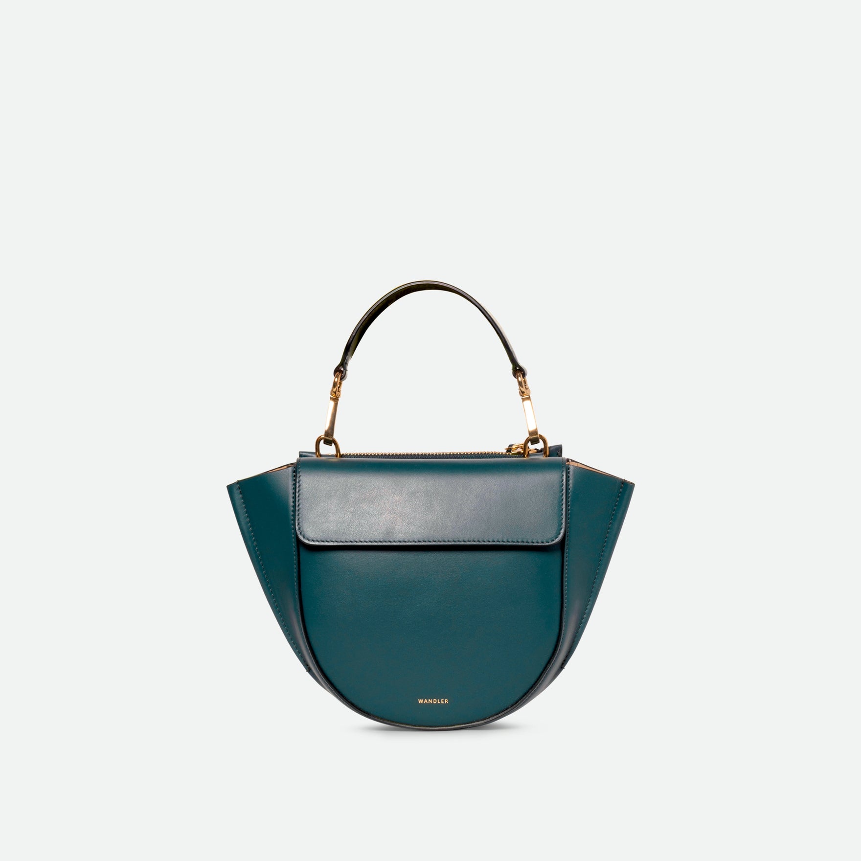 Wandler Hortensia Bag Mini in the color Teal, made from Italian calf leather with golden hardware, rounded silhouette and top handle, front view.