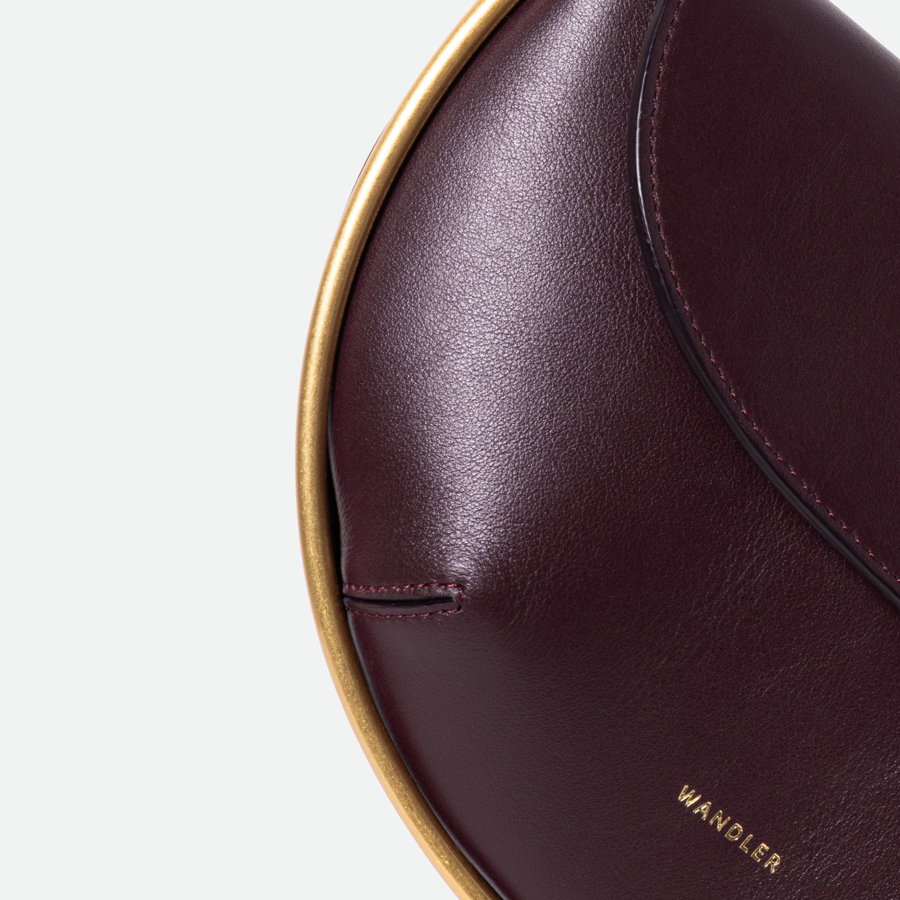 Wandler Kate Mini Crossbody in the color Grape, made from Italian calf leather with golden hardware and adjustable strap, close up detailing the leather.