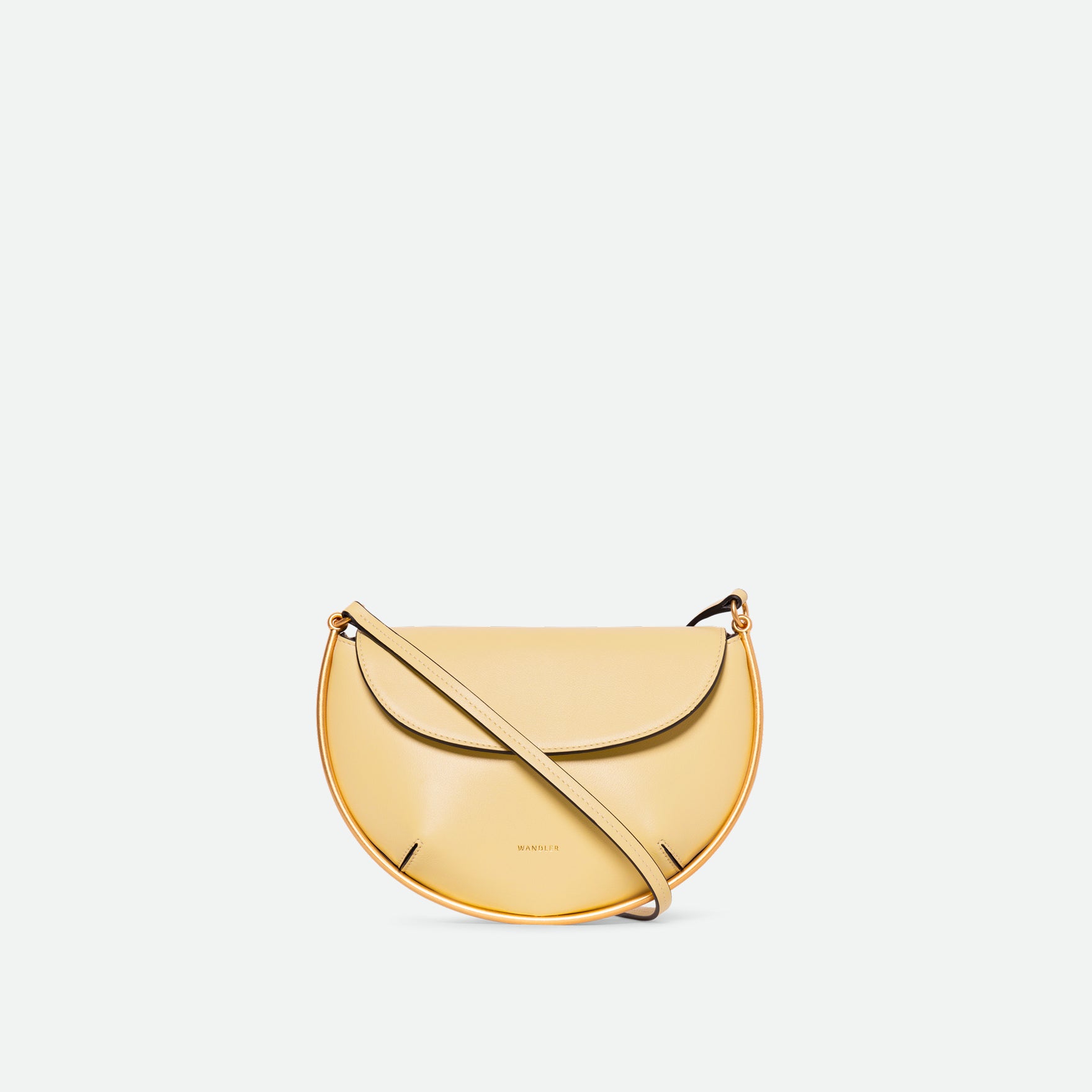 Wandler Kate Mini Crossbody in Helio Italian calf leather with golden hardware and adjustable strap, front view.