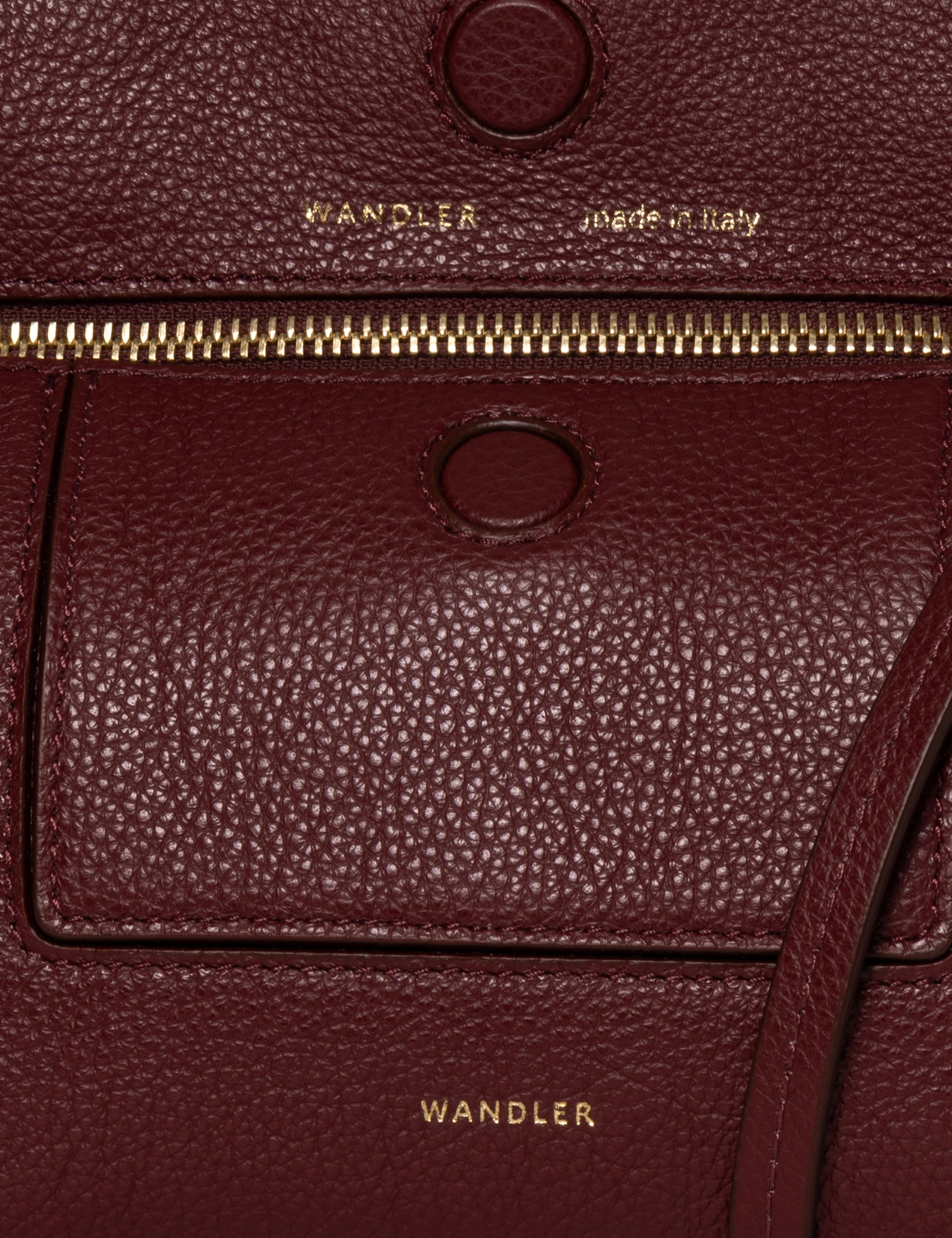 Wandler Penelope Slouch Mini in the color Acai, made from  Italian calf leather with golden hardware and slim adjustable strap, close up detailing the leather and logo.