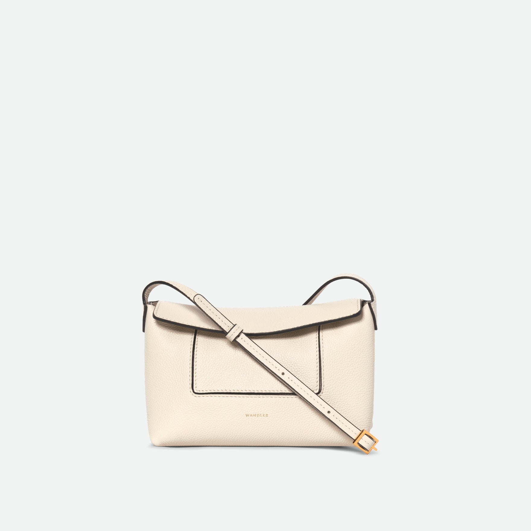 Wandler Penelope Slouch Mini in Beige Crust, Italian calf leather with golden hardware and slim adjustable strap, front view.