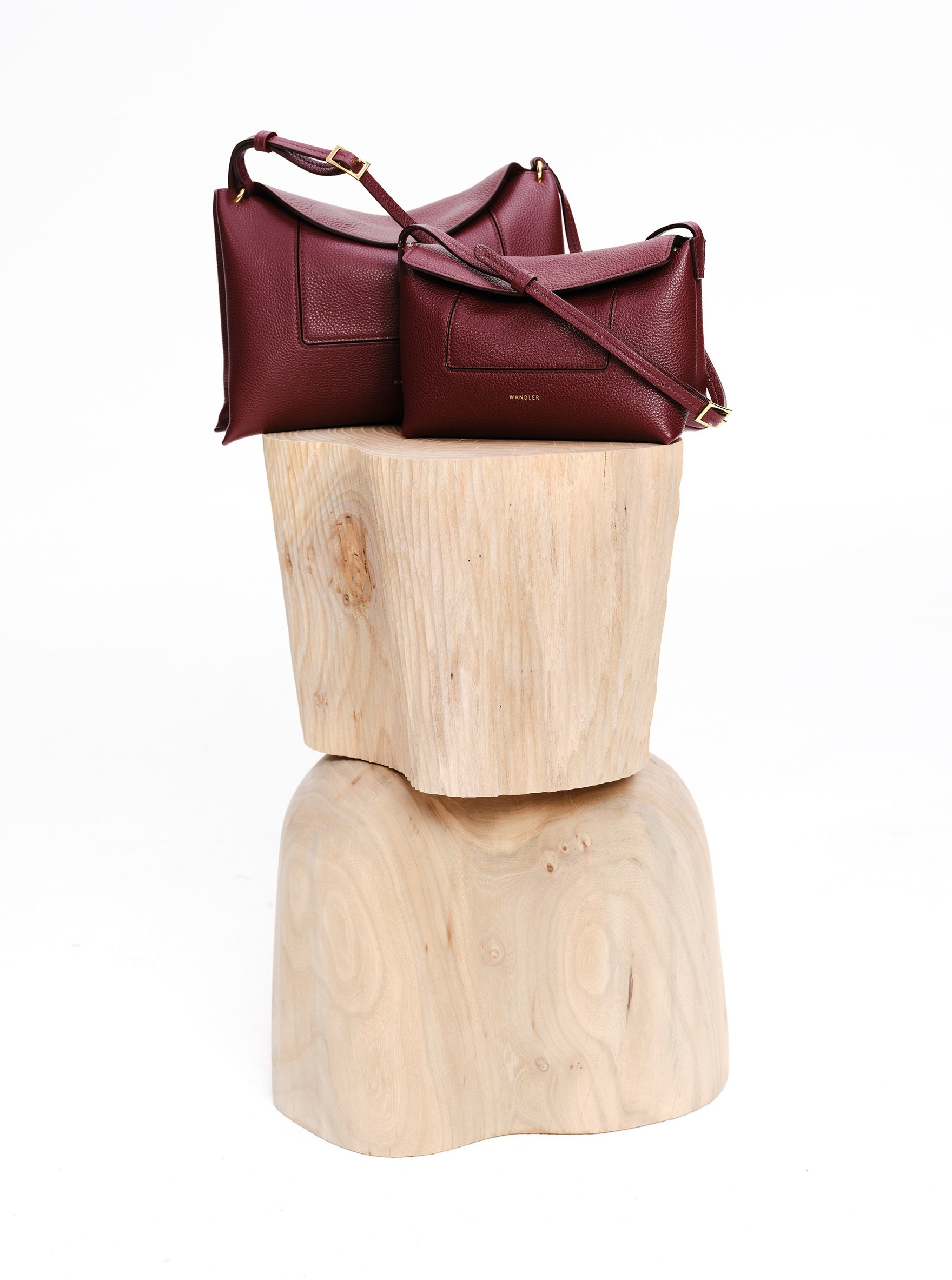 Wandler Penelope Slouch Mini in the color Acai, made from  Italian calf leather with golden hardware and slim adjustable strap, pictured next to the Penelope Slouch Bag.
